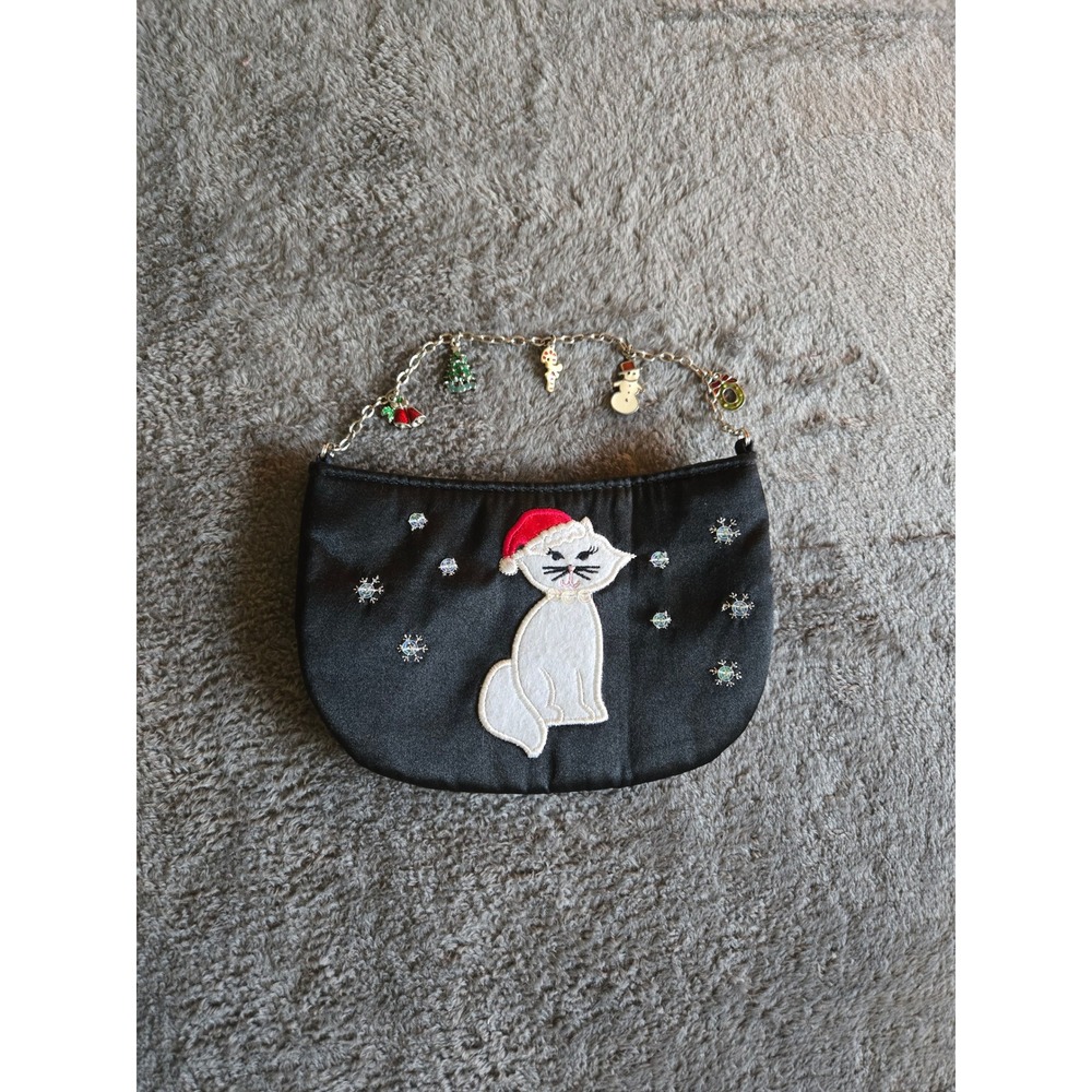 Unbranded Christmas Cat Handbag Small Black Good Satin Rhinestone Charm Bag